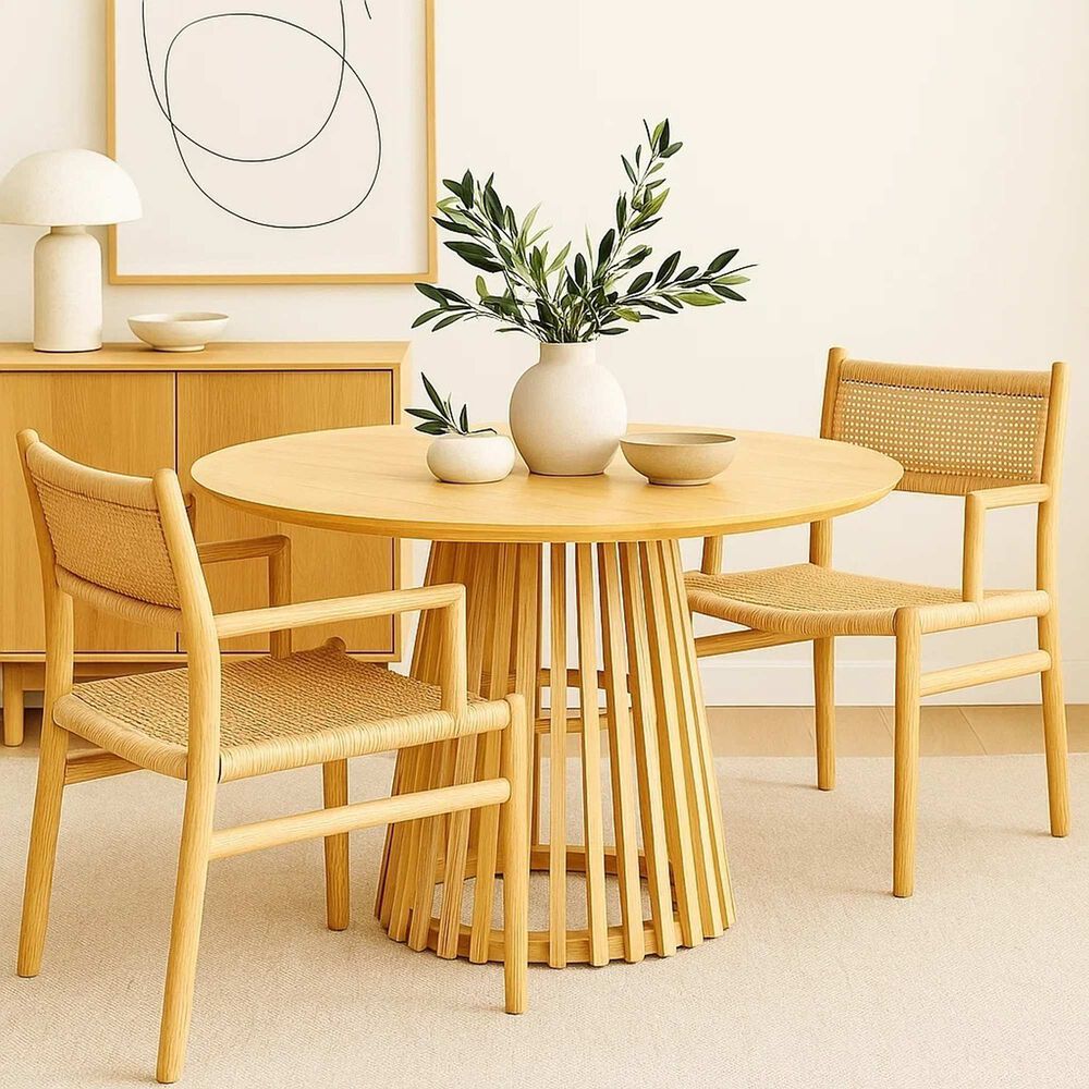 Mesa Redonda De 120 Cm Madera Natural Con Base Estilo Rejilla image number 9.0