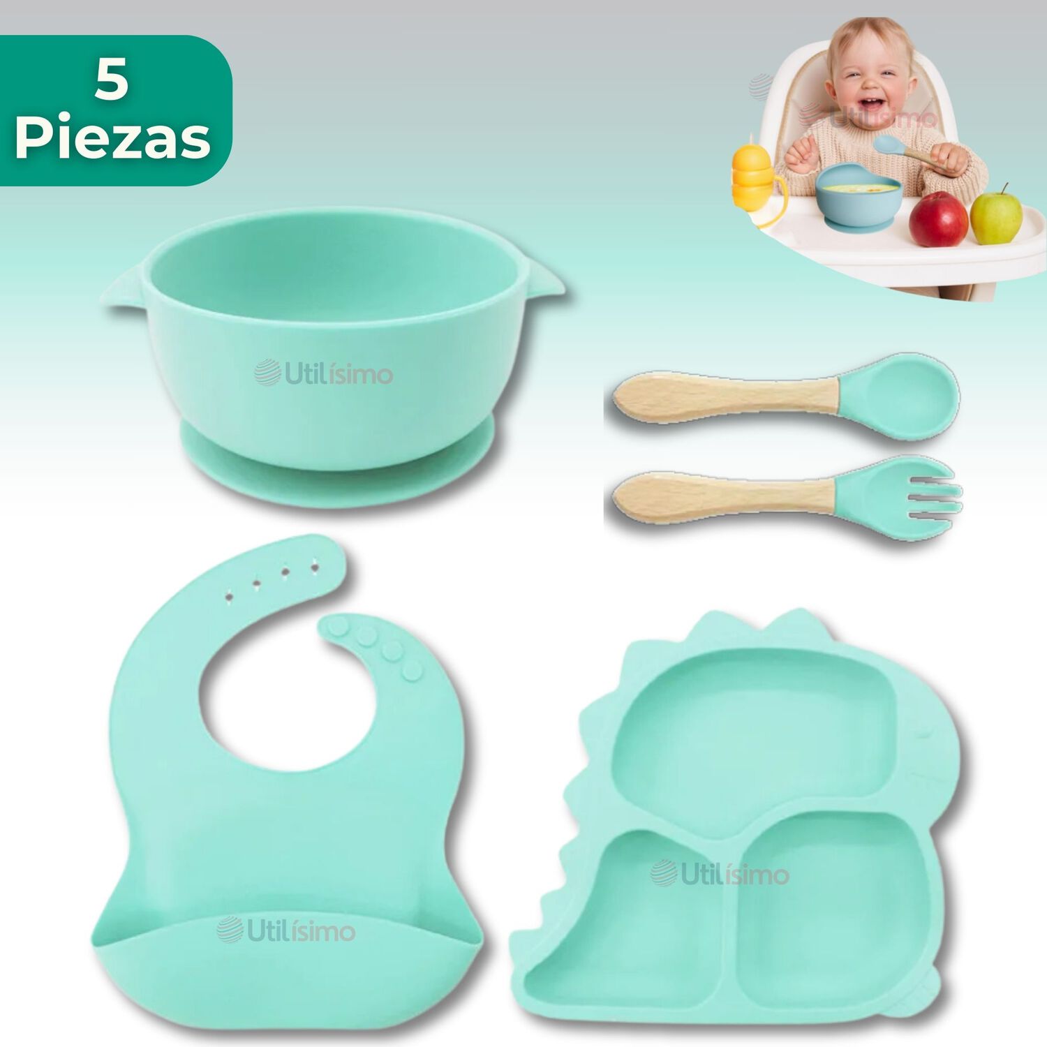 Set Alimentaci&oacute;n Silicona Beb&eacute; 5 Piezas Dinosaurio Libre Bpa Color Turquesa image number 0.0