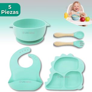 Set Alimentaci&oacute;n Silicona Beb&eacute; 5 Piezas Dinosaurio Libre Bpa Color Turquesa