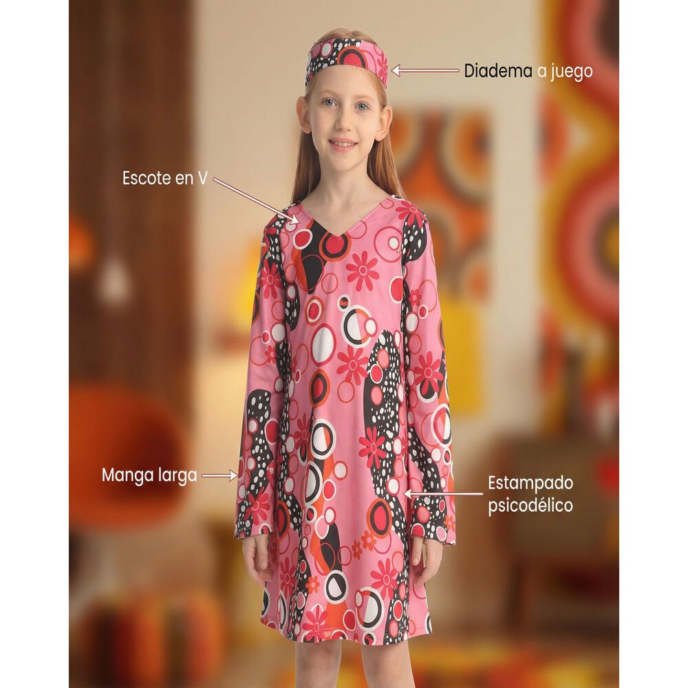 Disfraz Hippie Ni&ntilde;a A&ntilde;os Sesenta Con Vestido Psicod&eacute;lico Para Carnaval, Halloween, Fiesta Tem&aacute;tica Y Teatro image number 2.0