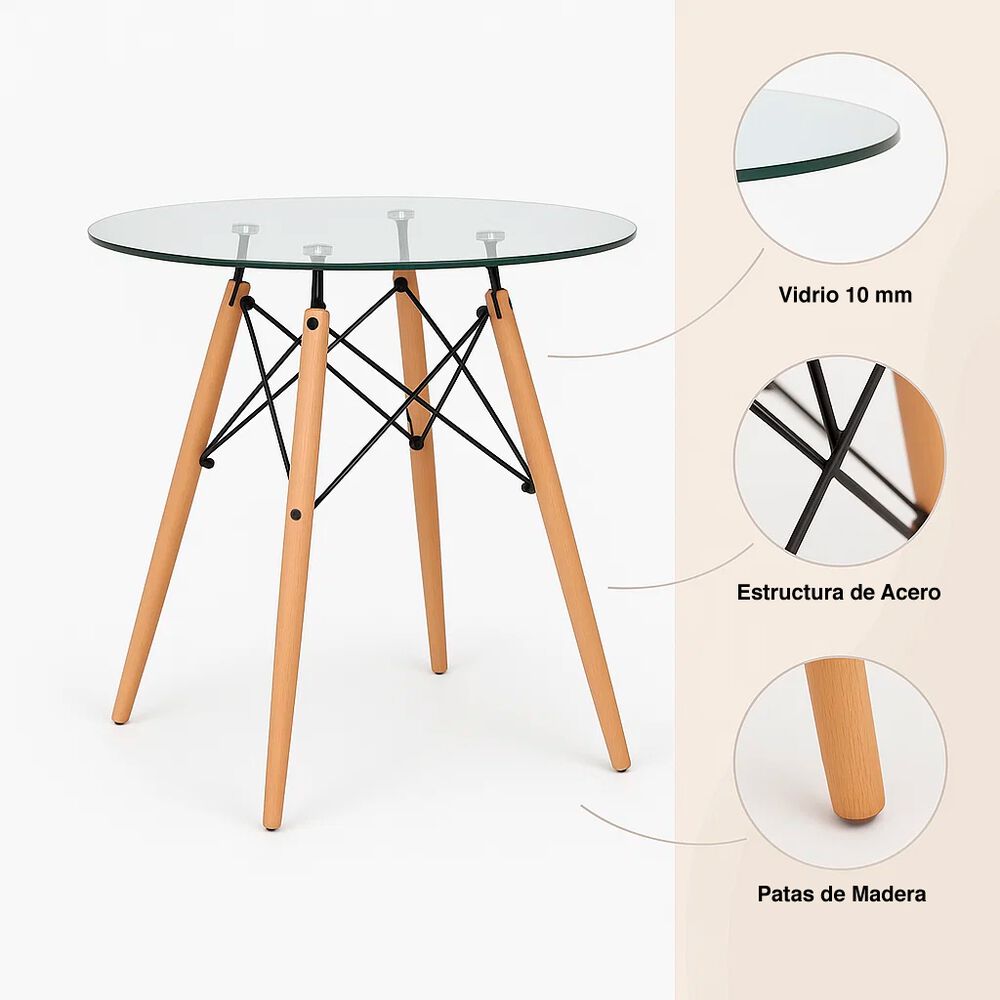 Comedor Mesa Eames Redonda Vidrio 80cm + 4 Sillas Eames Patchwork Tela Wood Celeste image number 5.0