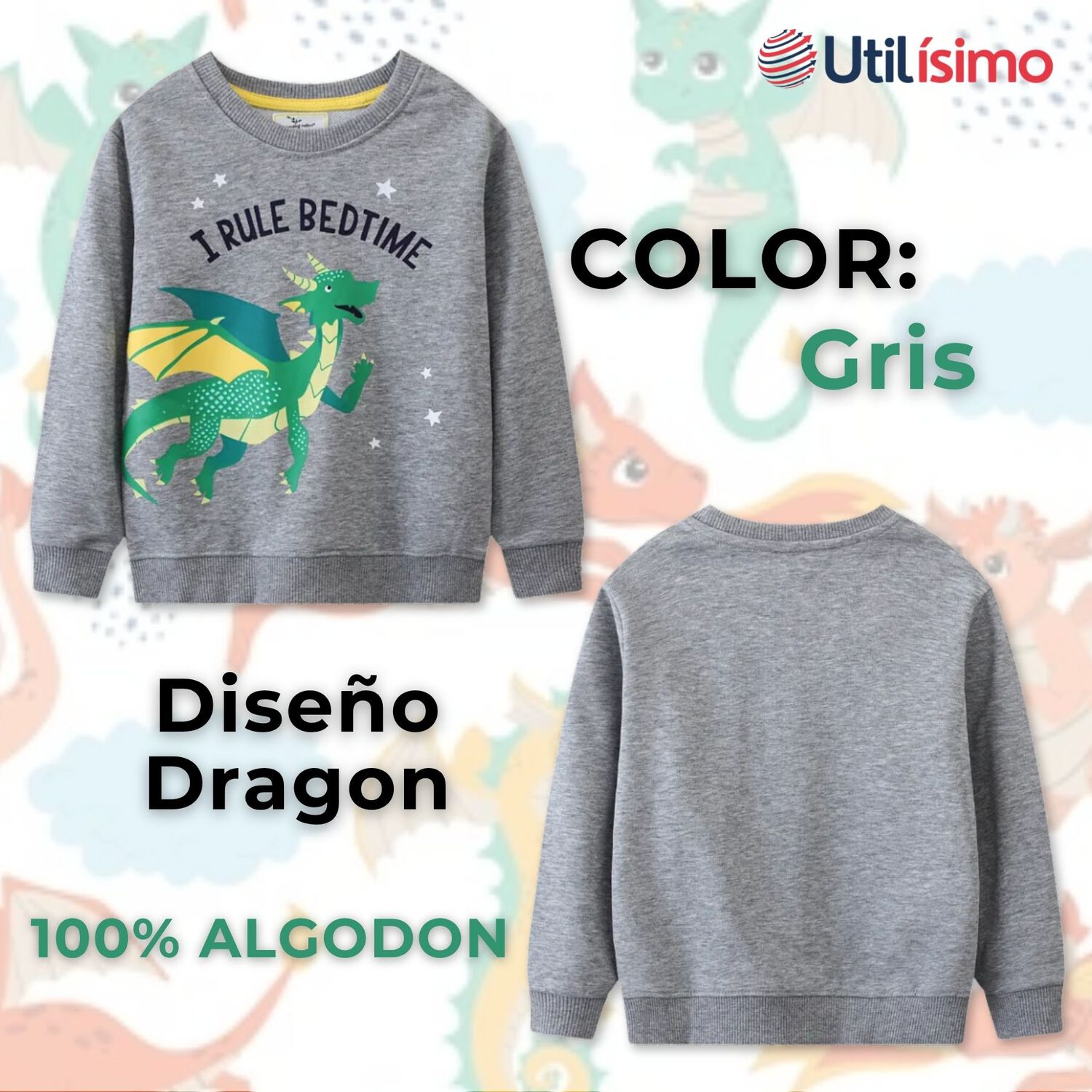 Poler&oacute;n Ni&ntilde;o Manga Larga 100% Algod&oacute;n Gris Dragon image number 1.0