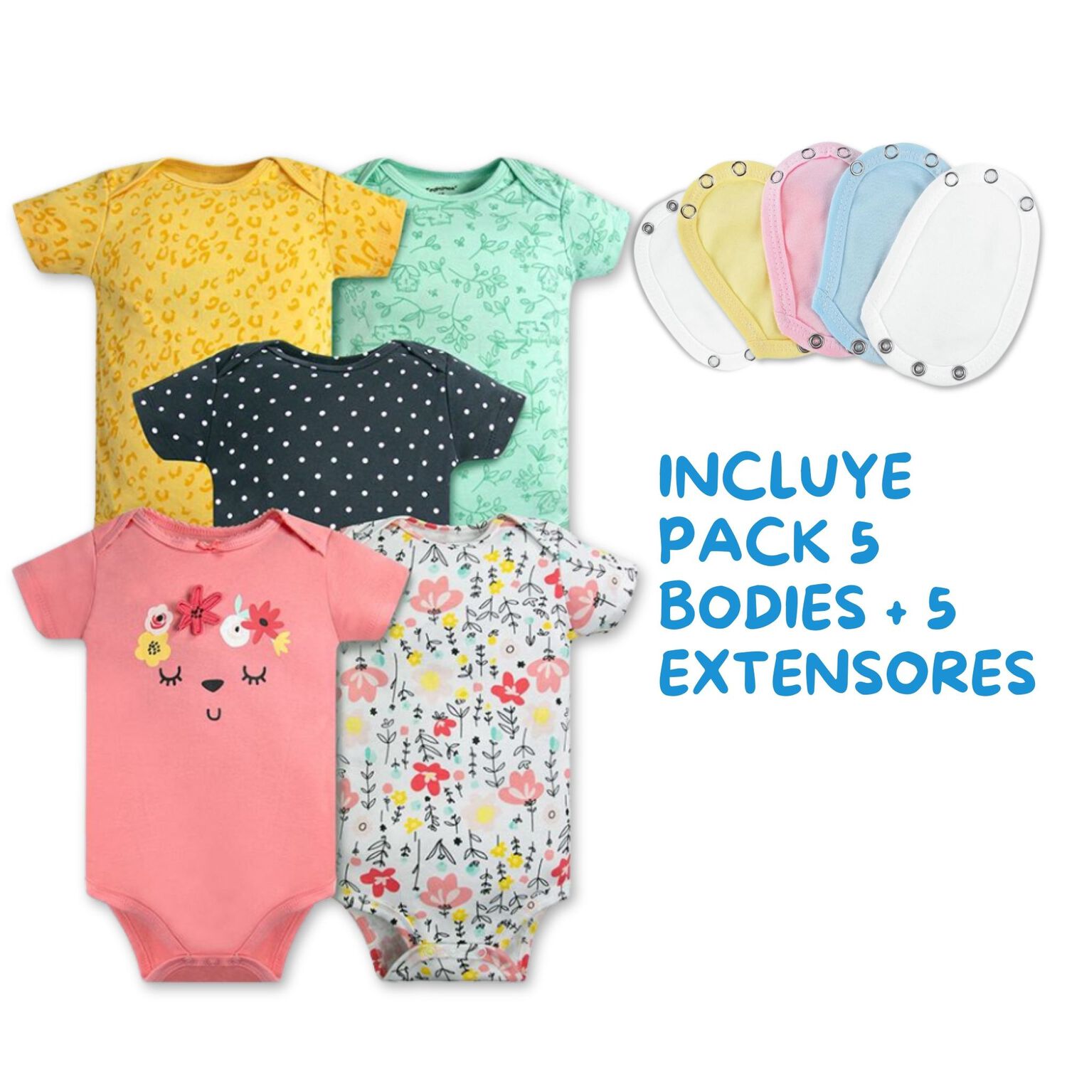 Pack 5 Unidades Extensor Body Beb&eacute; +pack 5 Bodys Manga Corta Algod&oacute;n Ni&ntilde;a Rosa Floreado image number 1.0