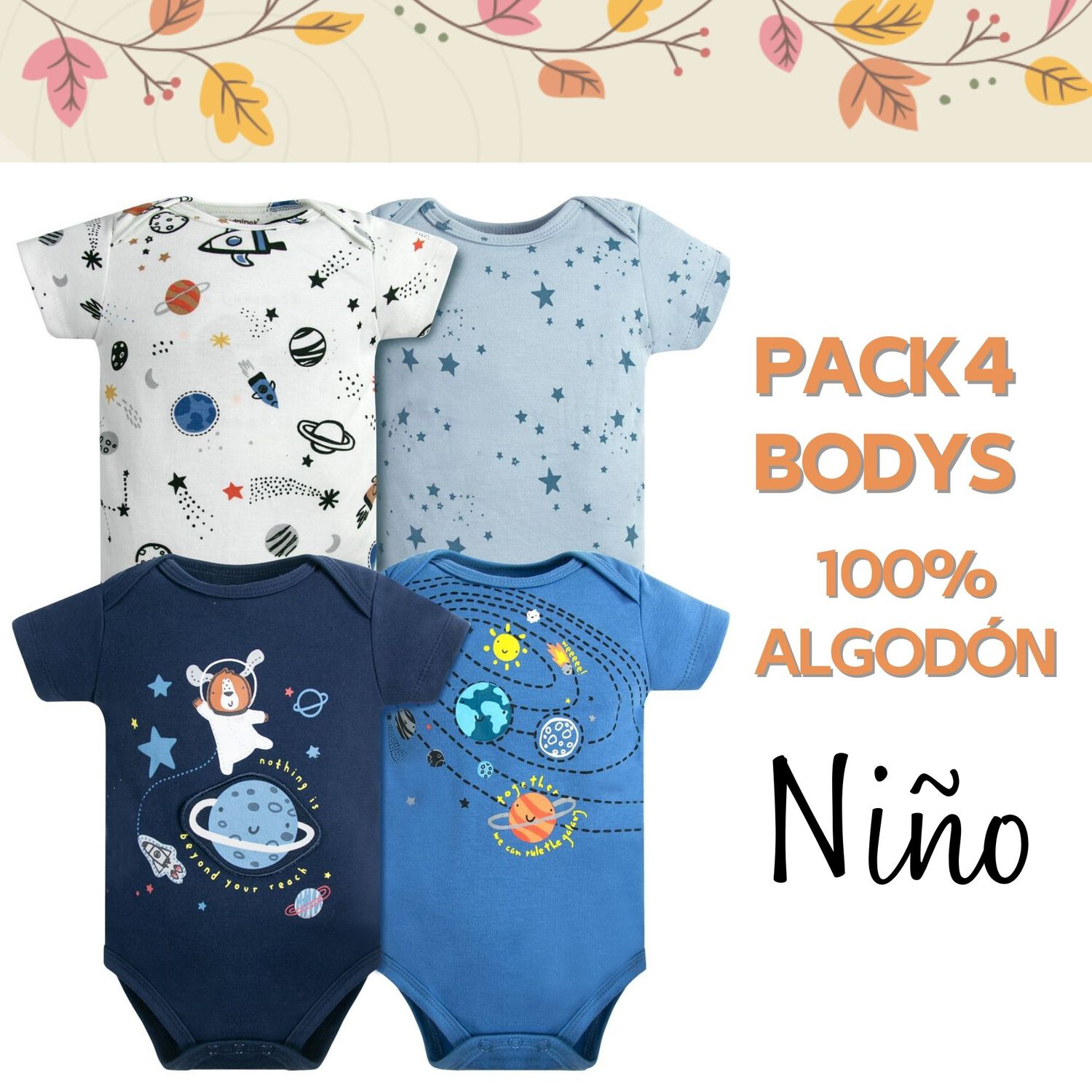 Pack 4 Bodys Ni&ntilde;o Manga Corta Tedmimak 100% Algod&oacute;n Galaxia Azul image number 4.0