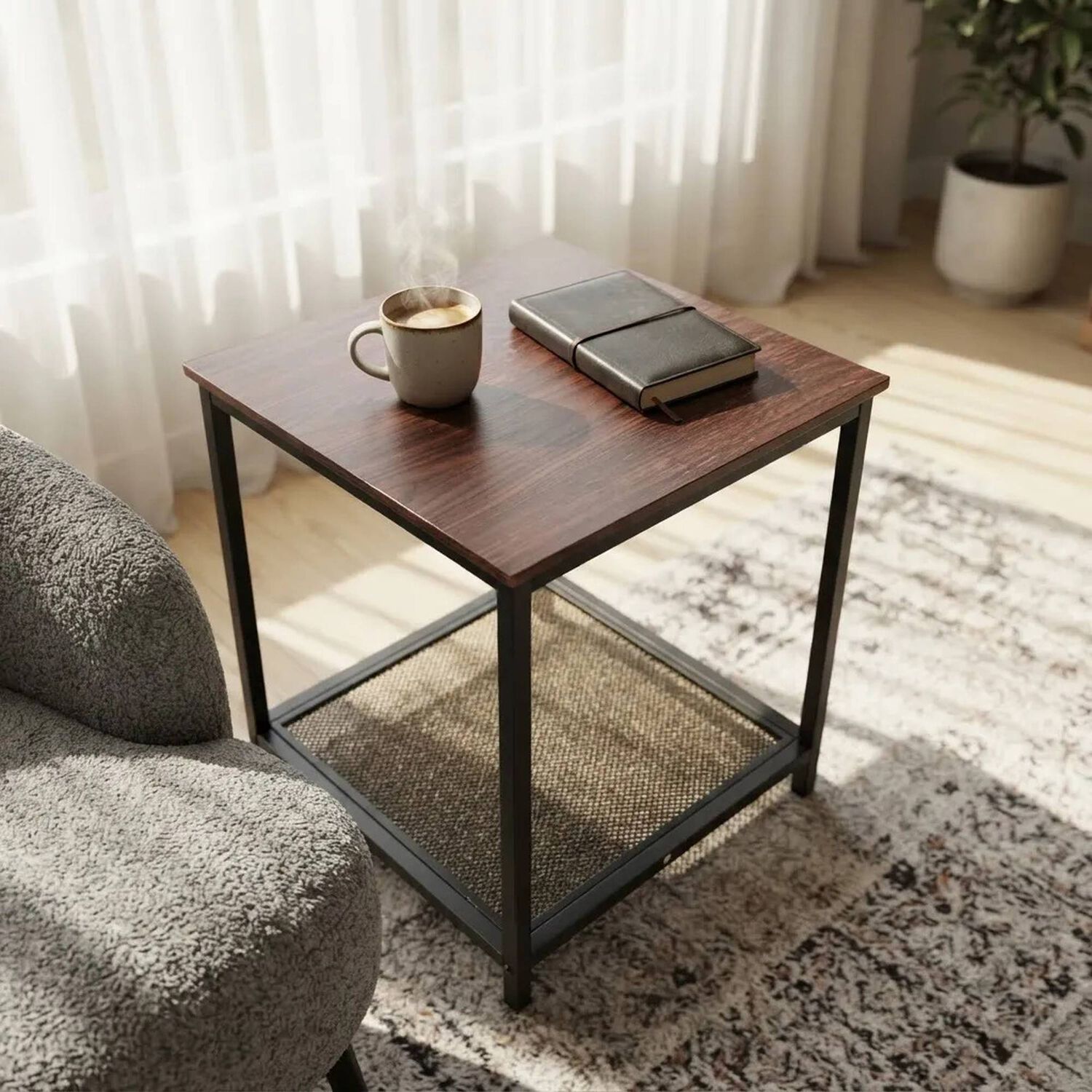 Mesa Auxiliar Lateral Con Repisa Madera Metal Caf&eacute; Oscuro image number 1.0