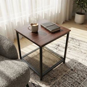 Mesa Auxiliar Lateral Con Repisa Madera Metal Caf&eacute; Oscuro