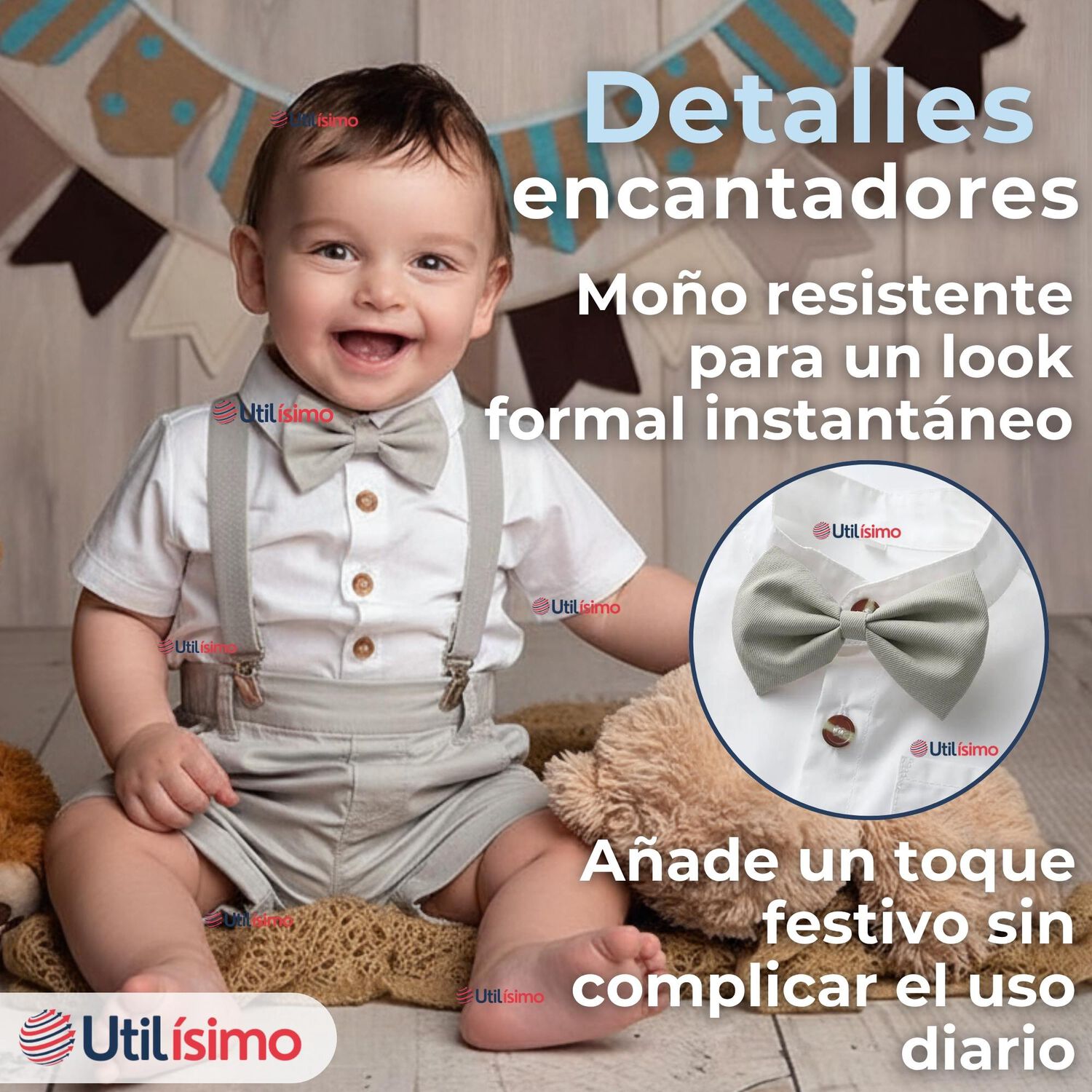 Conjunto De Vestir Con Tirantes Camisa Pantal&oacute;n Corto Algod&oacute;n Beb&eacute; Gris image number 7.0