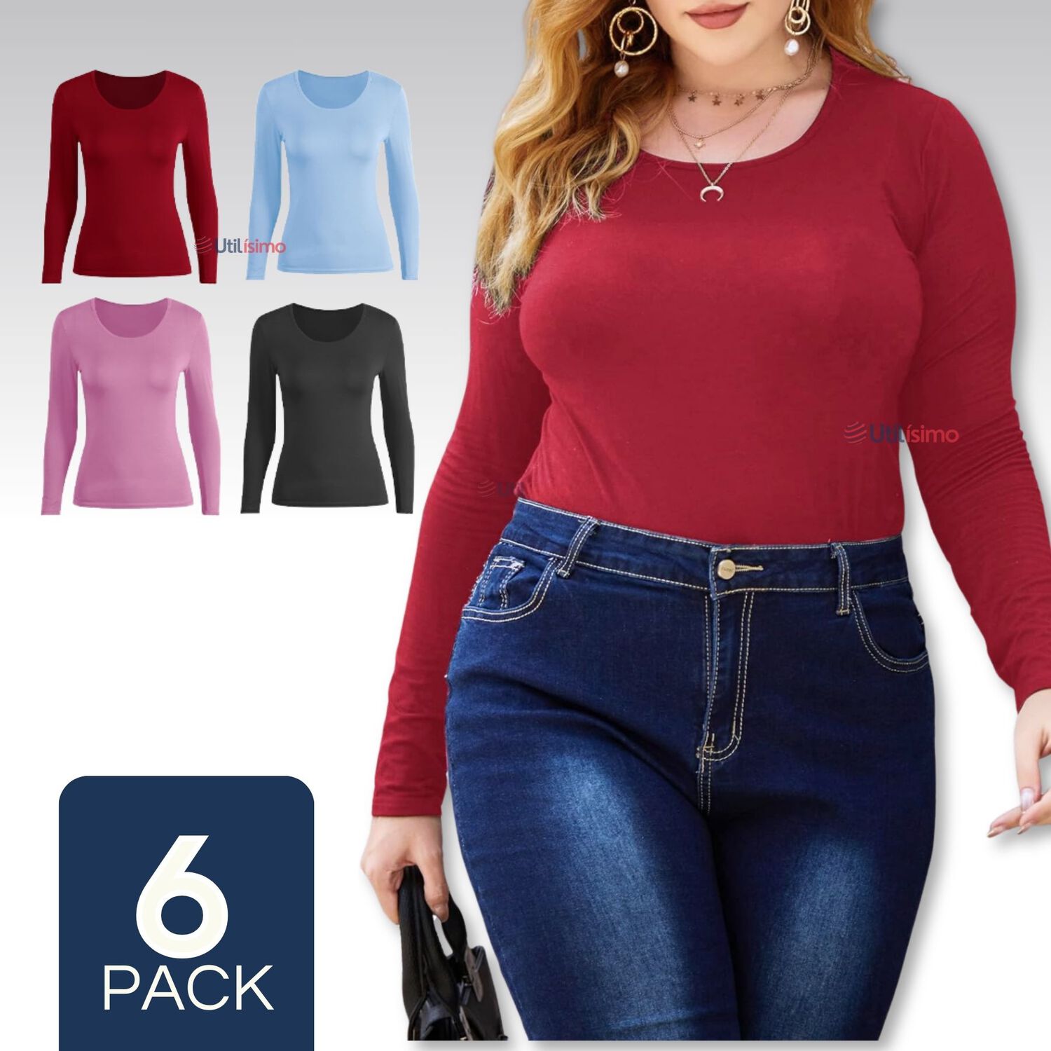 Pack 6 Camiseta Mujer Manga Larga Cuello Redondo Primera Capa Colores Surtidos image number 0.0