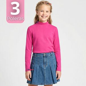 Pack 3 Poleras Camisetas Polar Fucsias Primera Capa Cuello Beatle Manga Larga Ni&ntilde;a