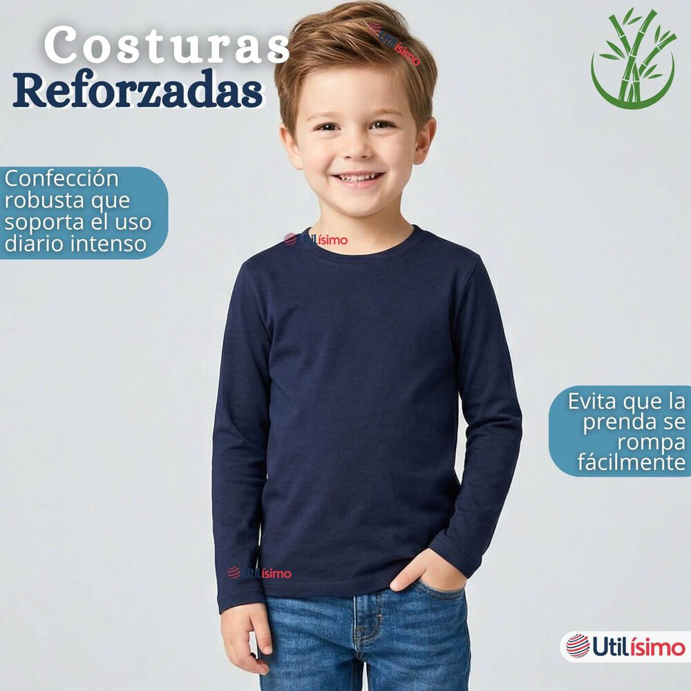 Polera Camiseta Bamb&uacute; Azul Oscuro Cuello Redondo Primera Capa Manga Larga Ni&ntilde;o image number 8.0