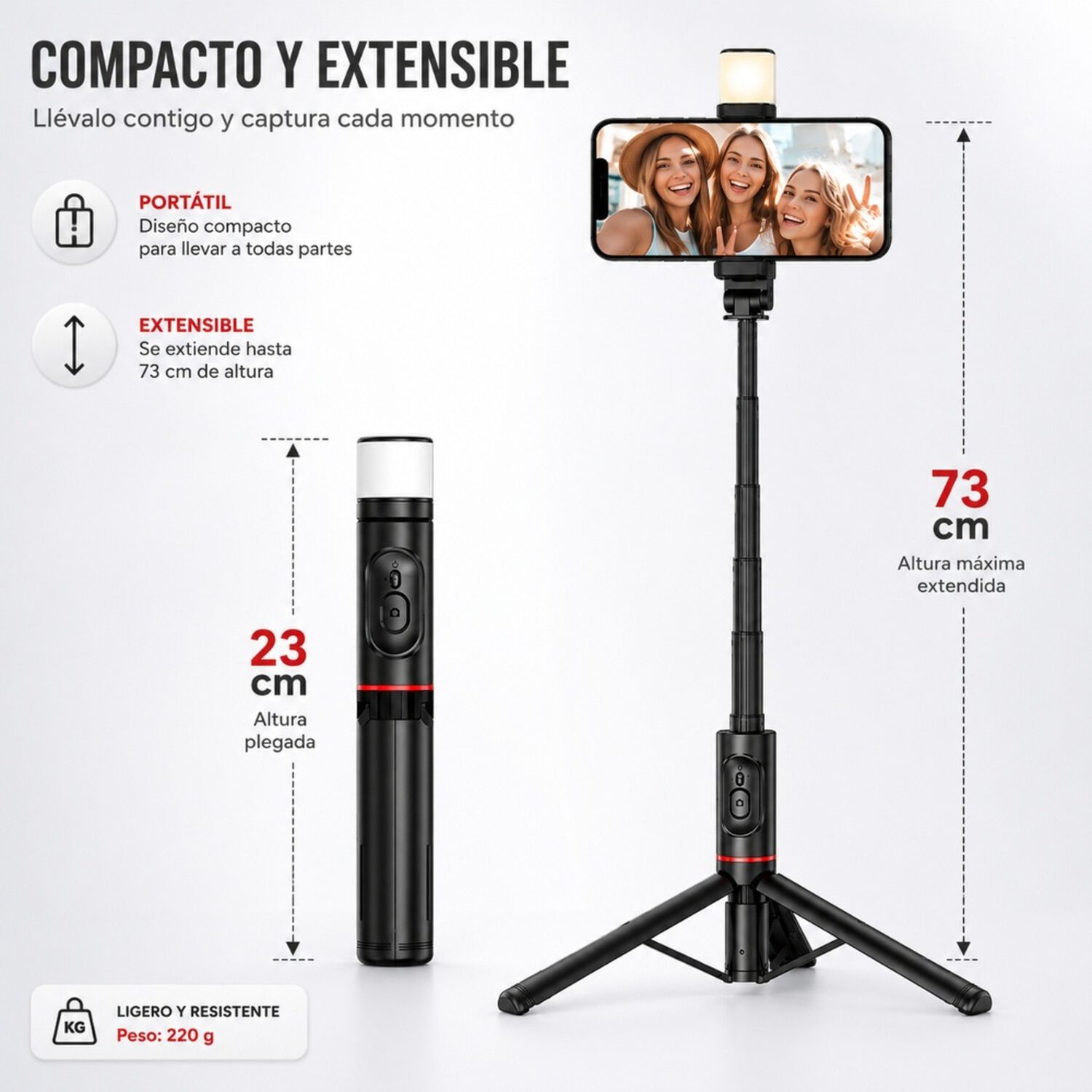 Palo Selfie Tr&iacute;pode Bluetooth Control Remoto Luz Led image number 2.0