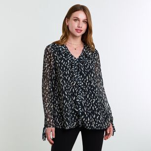 Blusa Pinteada Con Aplicación De Vuelo Manga Larga Cuello V Mujer Lesage