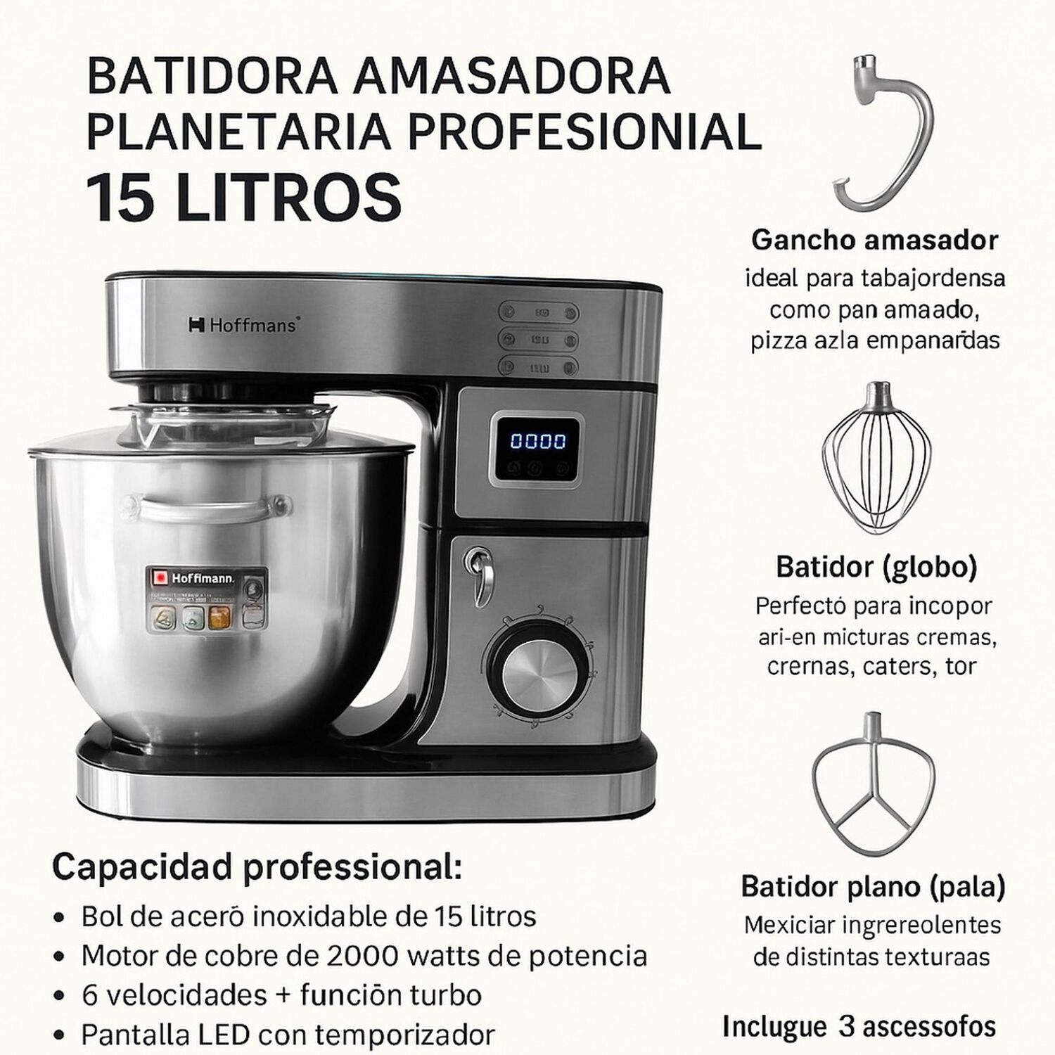 Batidora Pedestal Planetaria Amasadora Profesional 15 Litros image number 8.0