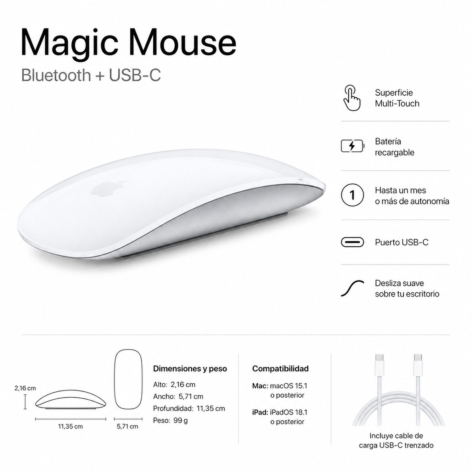 Mouse Inal&aacute;mbrico Apple Magic Multitouch Bluetooth / Usb-c image number 6.0