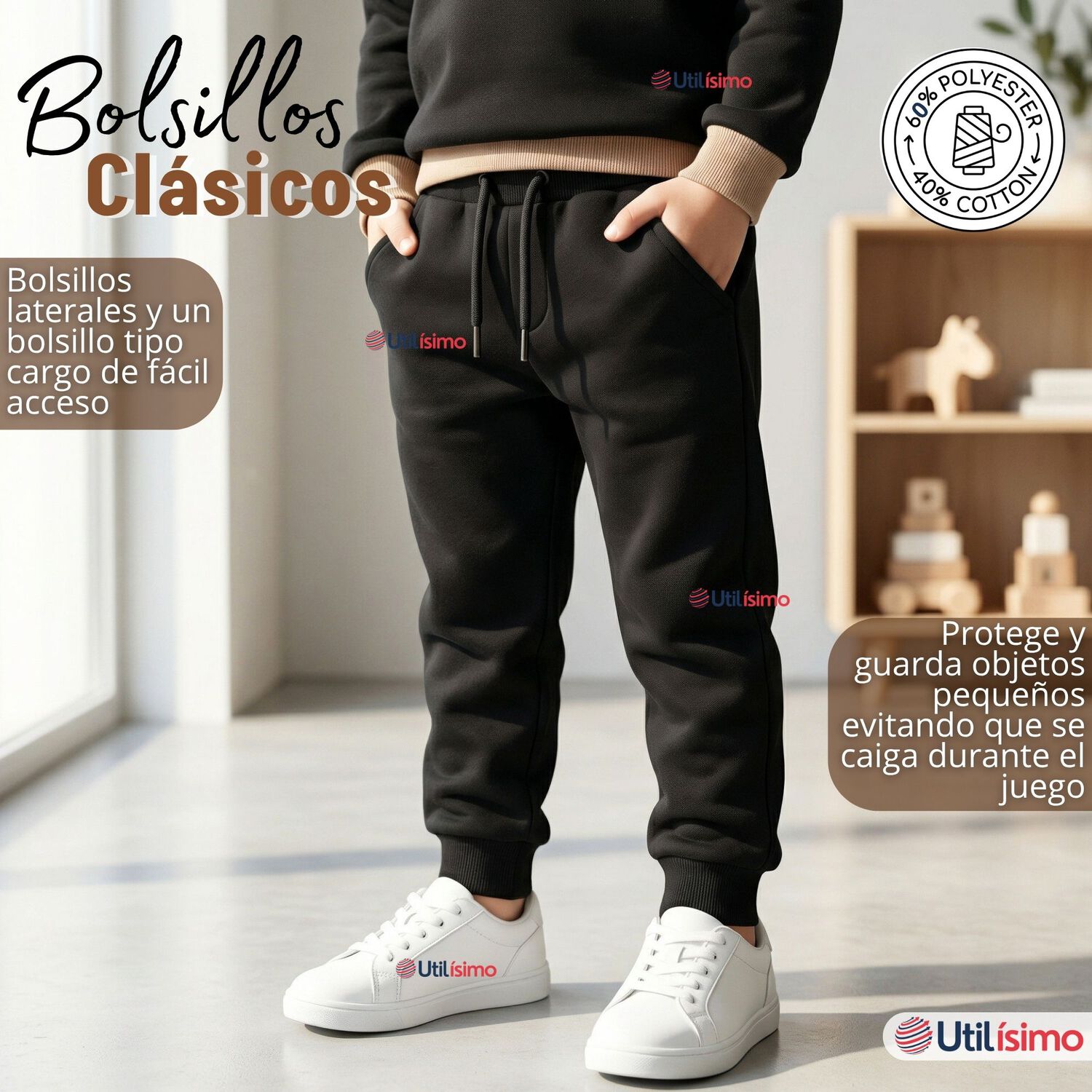 Conjunto 2 Piezas Buzo Pantal&oacute;n Y Poler&oacute;n Con Capucha Negro Ni&ntilde;o image number 6.0