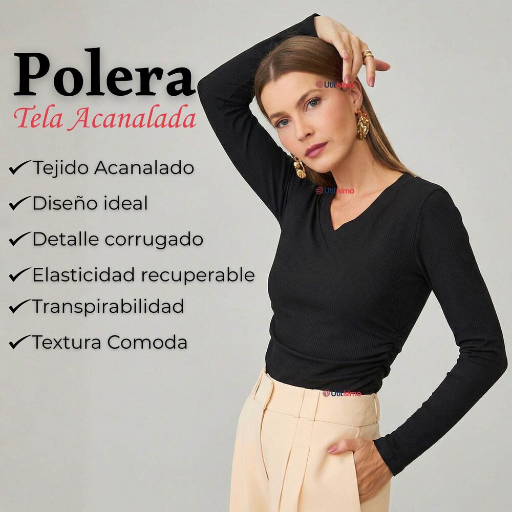 Pack 3 Camisetas Polar Polera Cuello V Mujer Manga Larga Tela Acanalada Colores Surtidos image number 3.0