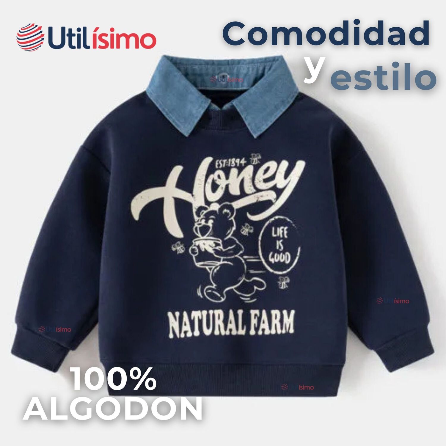 Poler&oacute;n Estilo Pique Manga Larga Ni&ntilde;o 100% Algod&oacute;n Azul image number 1.0