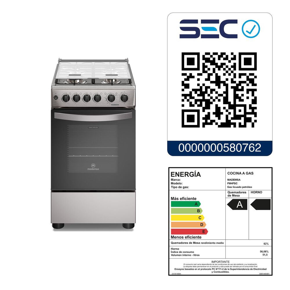 Cocina A Gas 4 Platos Horno Vapor Y Grill Fm4fsc Inox image number 1.0