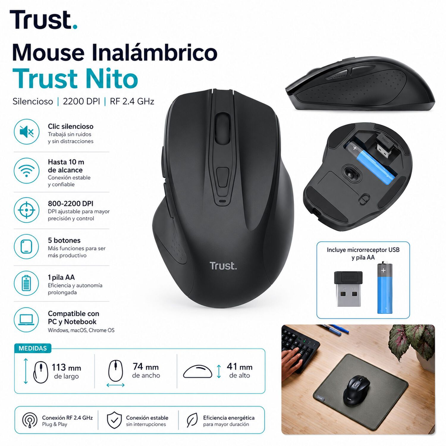 Mouse Inal&aacute;mbrico Trust Nito Enterprise Silencioso 2200 Dpi image number 6.0