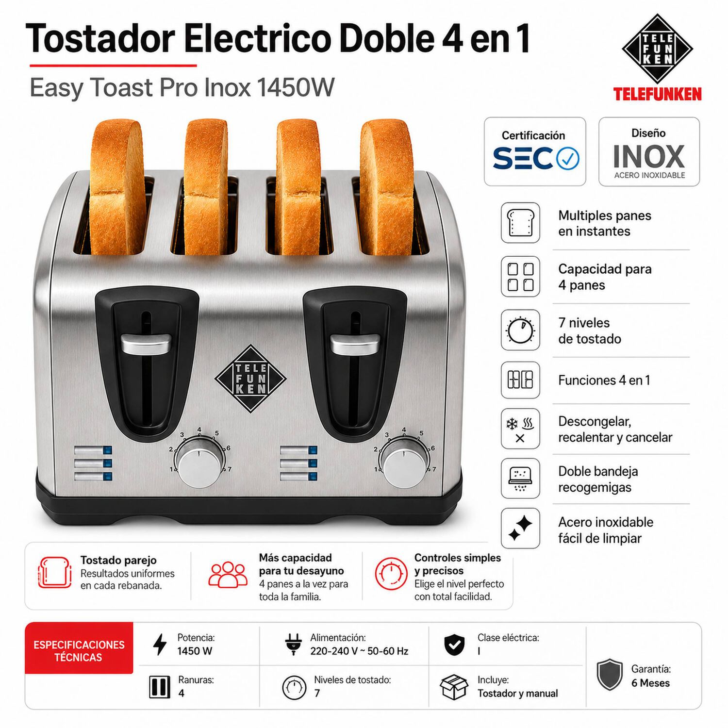 Tostador El&eacute;ctrico Doble (4en1) Easy Toast Pro Inox 1450w image number 5.0