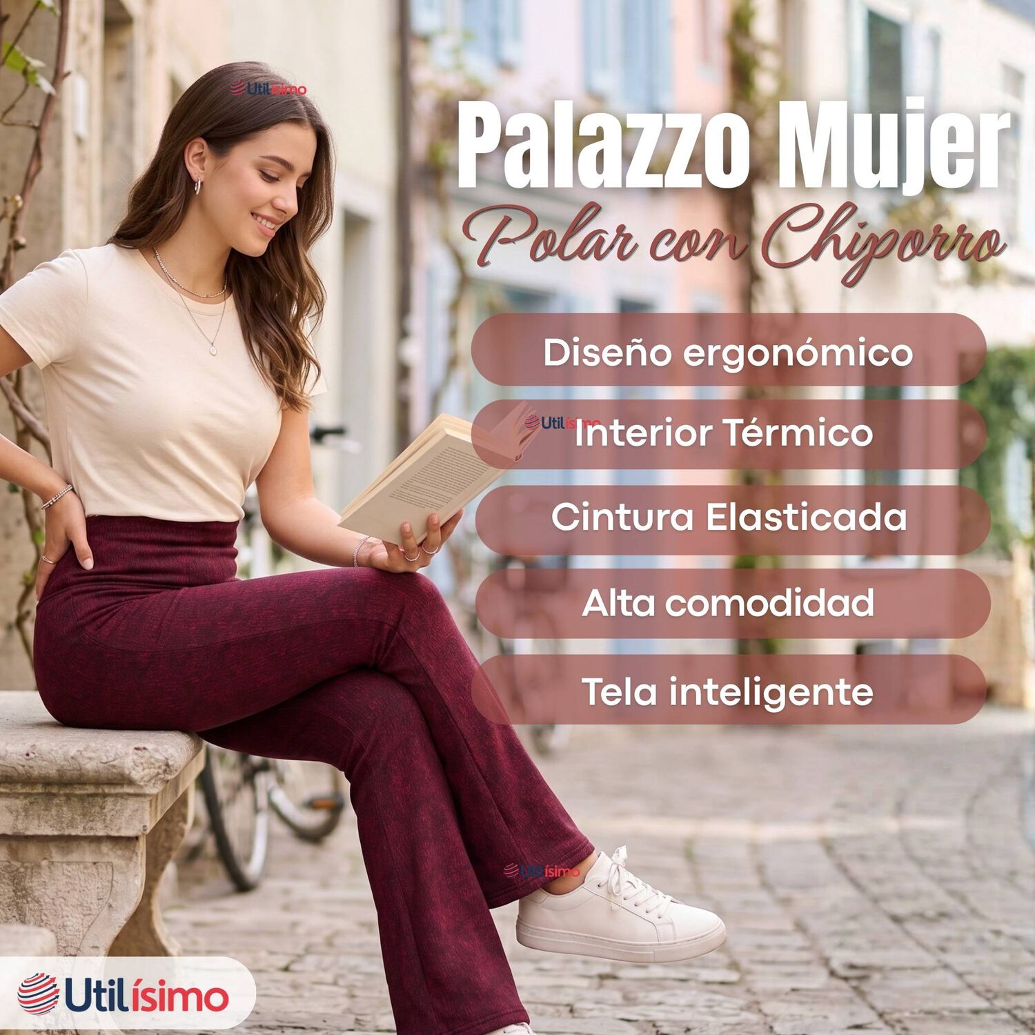 Pantal&oacute;n Polar Con Chiporro Palazzo Mujer Elasticada T&eacute;rmica Burdeo Jeans image number 2.0