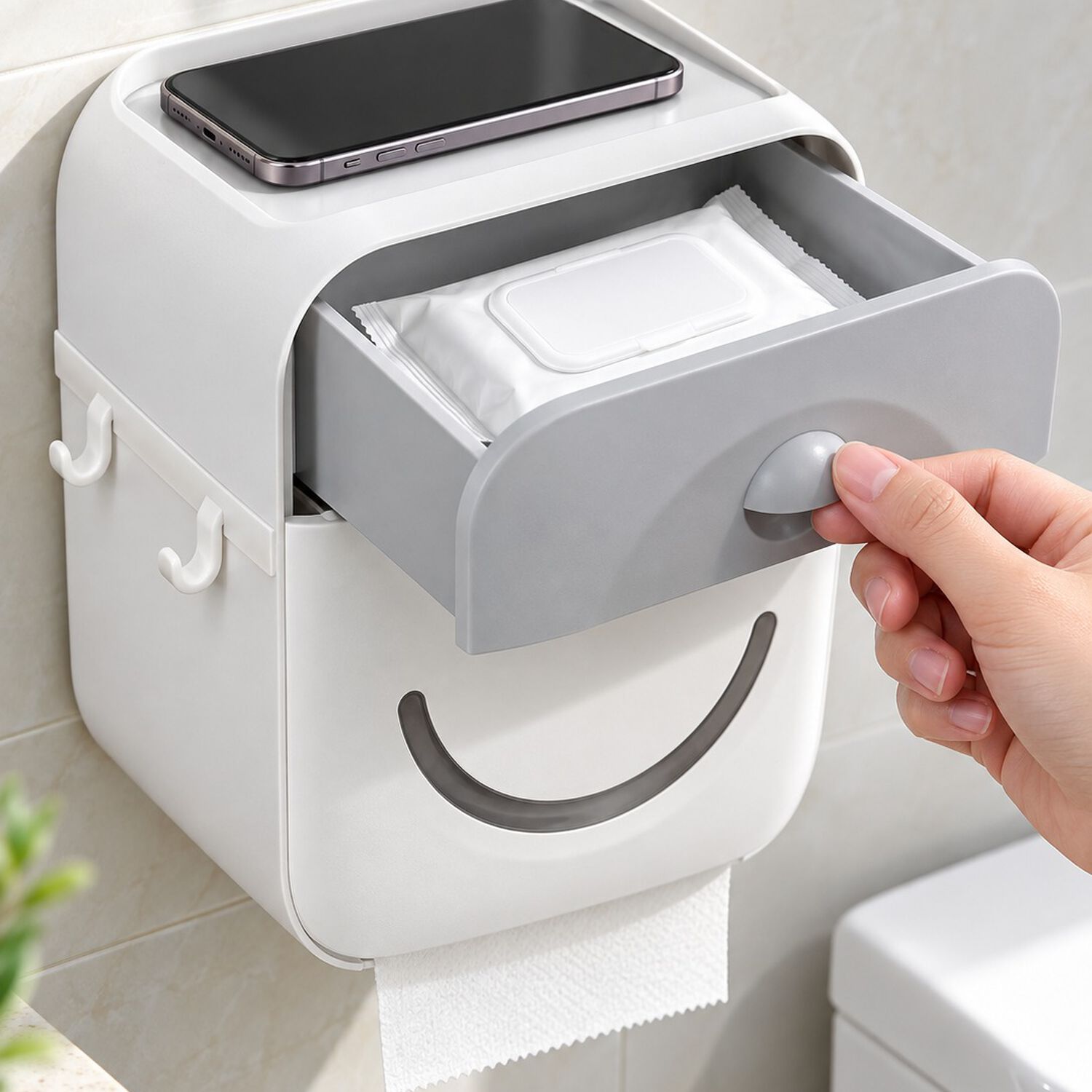 Dispensador Porta Confort Papel Higi&eacute;nico De Pared Con Caj&oacute;n Y Soporte Celular Gris image number 3.0