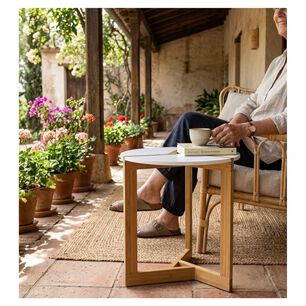 Mesa Auxiliar Redonda Bambu Madera Estilo Nordico Blanco 40cm