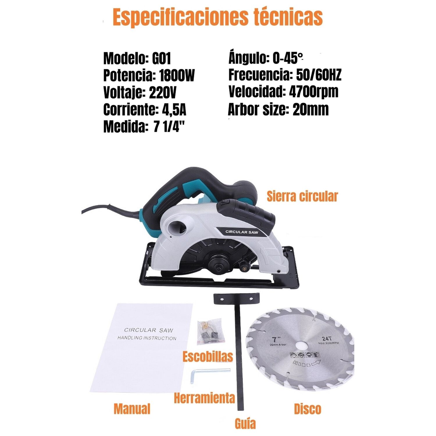 Sierra Circular El&eacute;ctrica Con L&aacute;ser 7-1/4" 1800w G01 image number 7.0