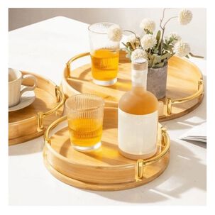 Set 3 Bandejas Redondas Bamb&uacute; Borde Dorado Decorativo