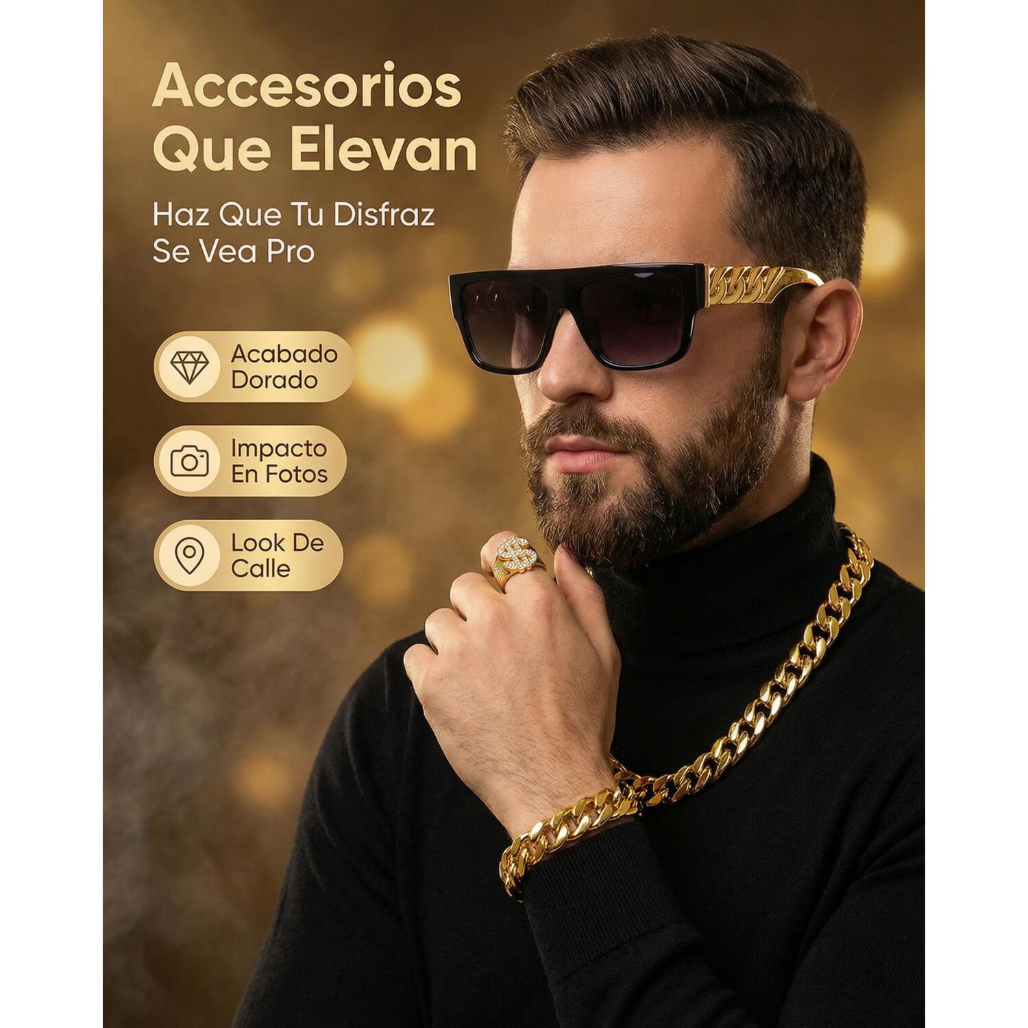 Set Accesorios Reggaet&oacute;n Con Cadena Lentes Pulsera Y Anillo image number 7.0