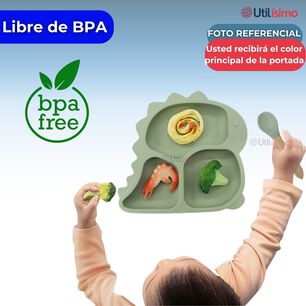 Set De Alimentaci&oacute;n Beb&eacute; Silicona 5 Piezas Dinosaurio Libre Bpa Color Celeste