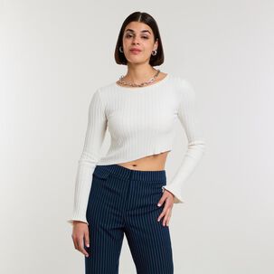 Sweater Crop Asimetrico Manga Larga Cuello Bote Mujer Rolly Go