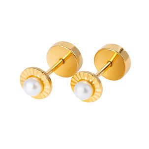 Aros Abridores Redondela Con Perla 5 Mm Oro 18k Con Tope A Presi&oacute;n