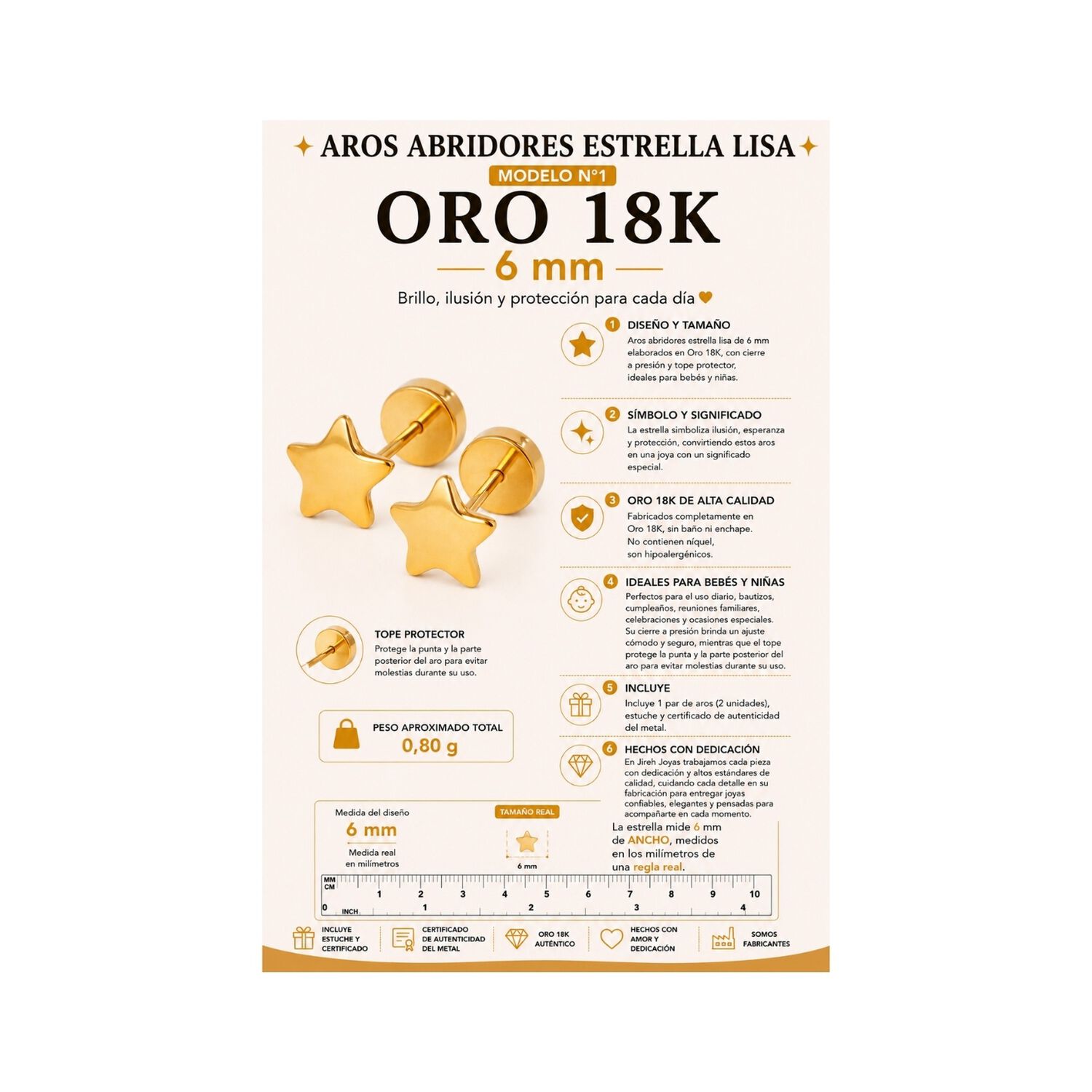 Aros Abridores Estrella Lisas 6 Mm Oro 18k Tope A Presi&oacute;n Dorado image number 3.0