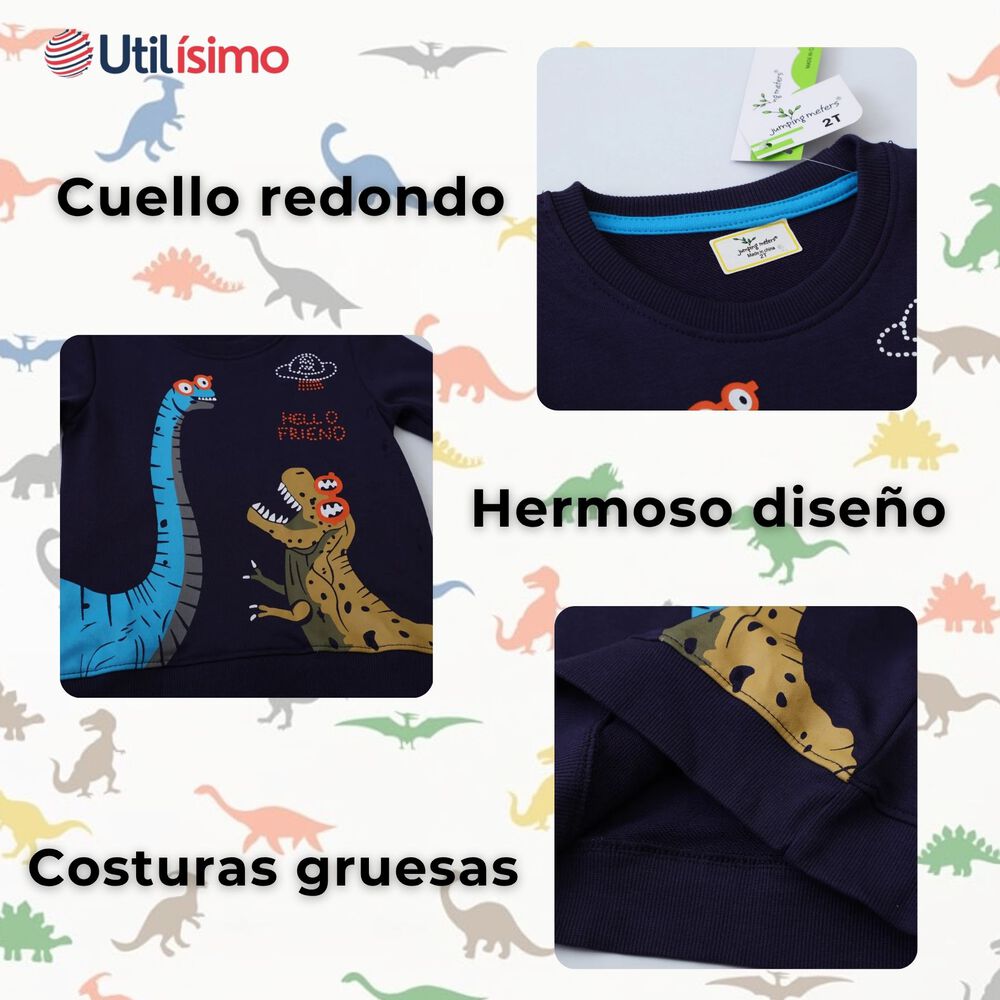 Poler&oacute;n Ni&ntilde;o Manga Larga 100% Algod&oacute;n Azul Dinosaurios image number 3.0