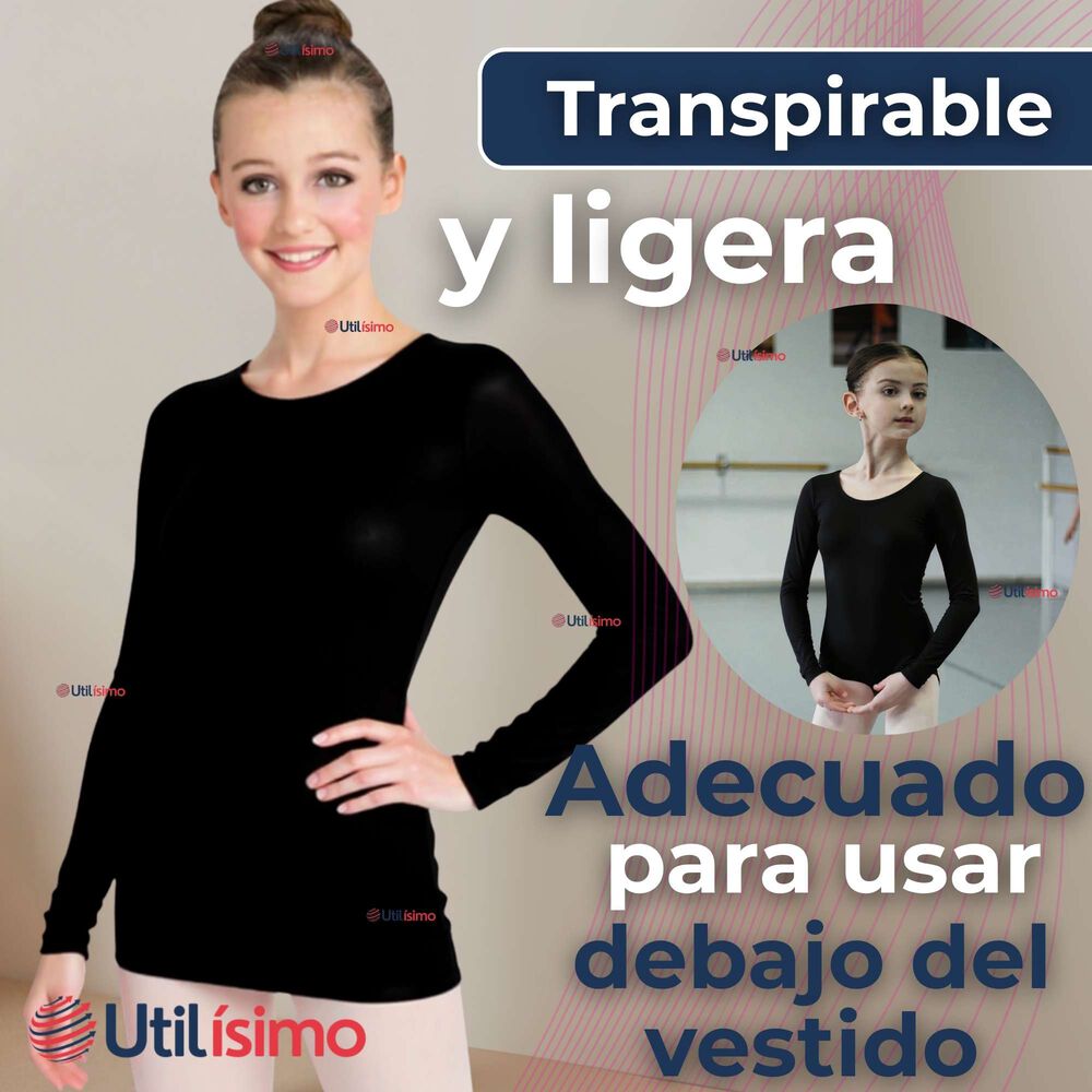 Camiseta De Panty Elástica Manga Larga Segunda Piel Niña Nylon Negro image number 5.0