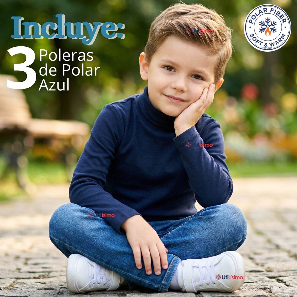 Pack 3 Poleras Camisetas Polar Azul Oscuro Primera Capa Beatle Manga Larga Ni&ntilde;o image number 1.0