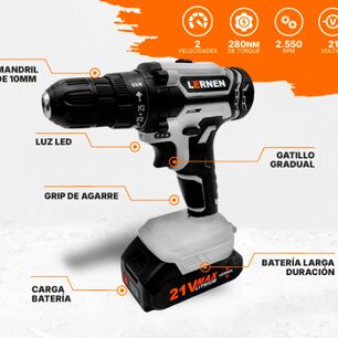 Kit Taladro Destornillador Inal&aacute;mbrico Lernen 21v + 2 Bater&iacute;as Color Gris