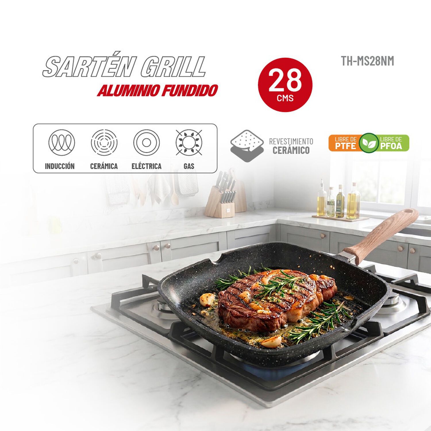 Sart&eacute;n Grill Thomas Thms28nm 28 Cm Cuadrado Aluminio Fundido Plancha Parrilla Asador Antiadherente Cer&aacute;mico Marmoleado Apto Inducci&oacute;n Mango Color Made image number 2.0