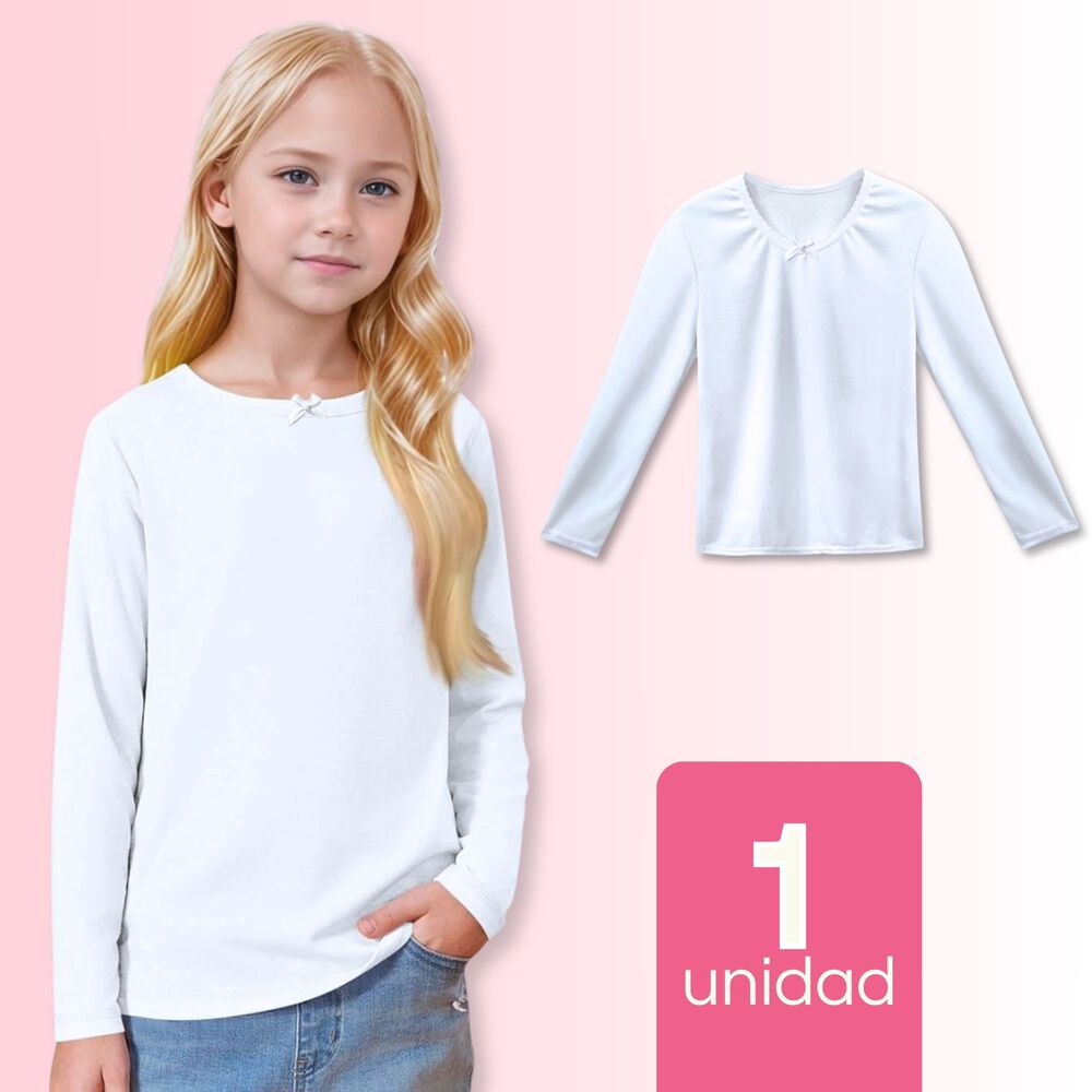 Camiseta Algodón Manga Larga Polera Niña Primera Capa Cuello Redondo Blanca image number 0.0