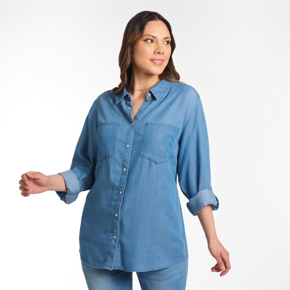 Blusa Denim Manga Larga Cuello Camisero Mujer Sexy Large image number 2.0