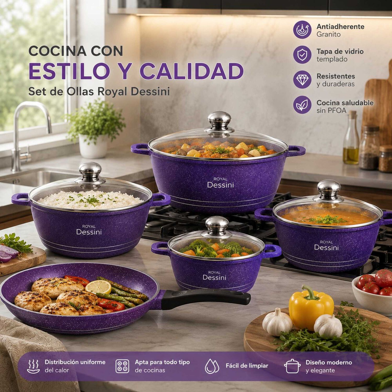 Juego De Ollas 12 Piezas Granito Royal Dessine Color Morado image number 4.0