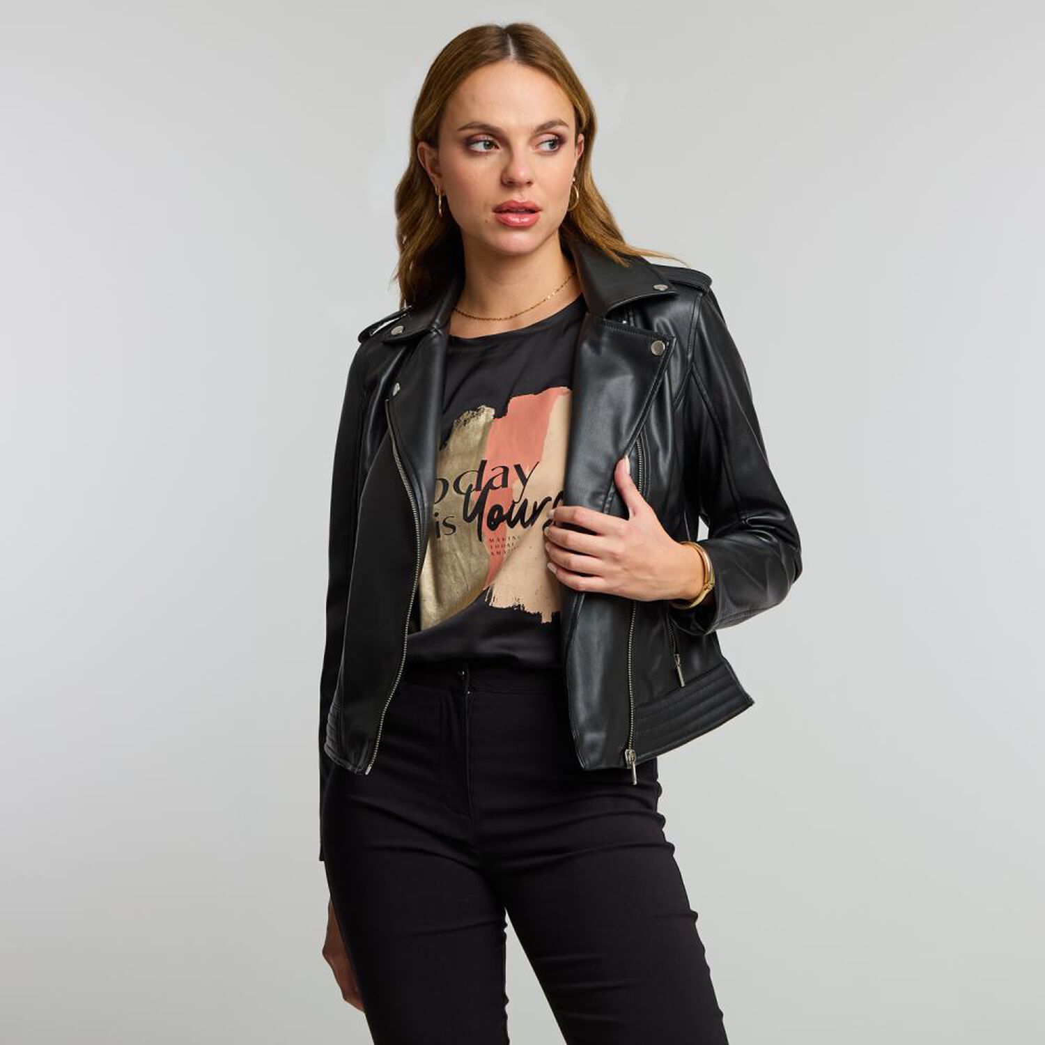 Chaqueta Ecocuero Estilo Biker Cuello Solapa Mujer Kimera image number 0.0
