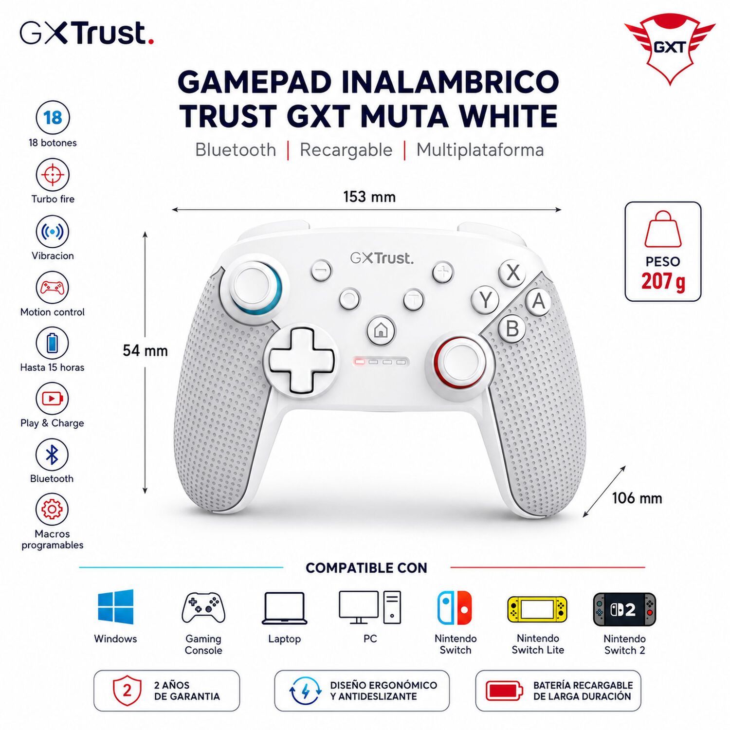 Gemepad Inal&aacute;mbrico Trust Muta Gxt 1246 White Multiplataformas image number 7.0