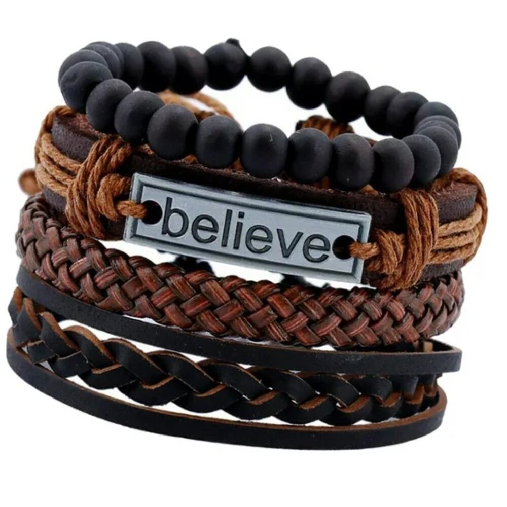 Pulseras Brazalete Cuero Genuino Tibetano Con Dije Believe image number 0.0