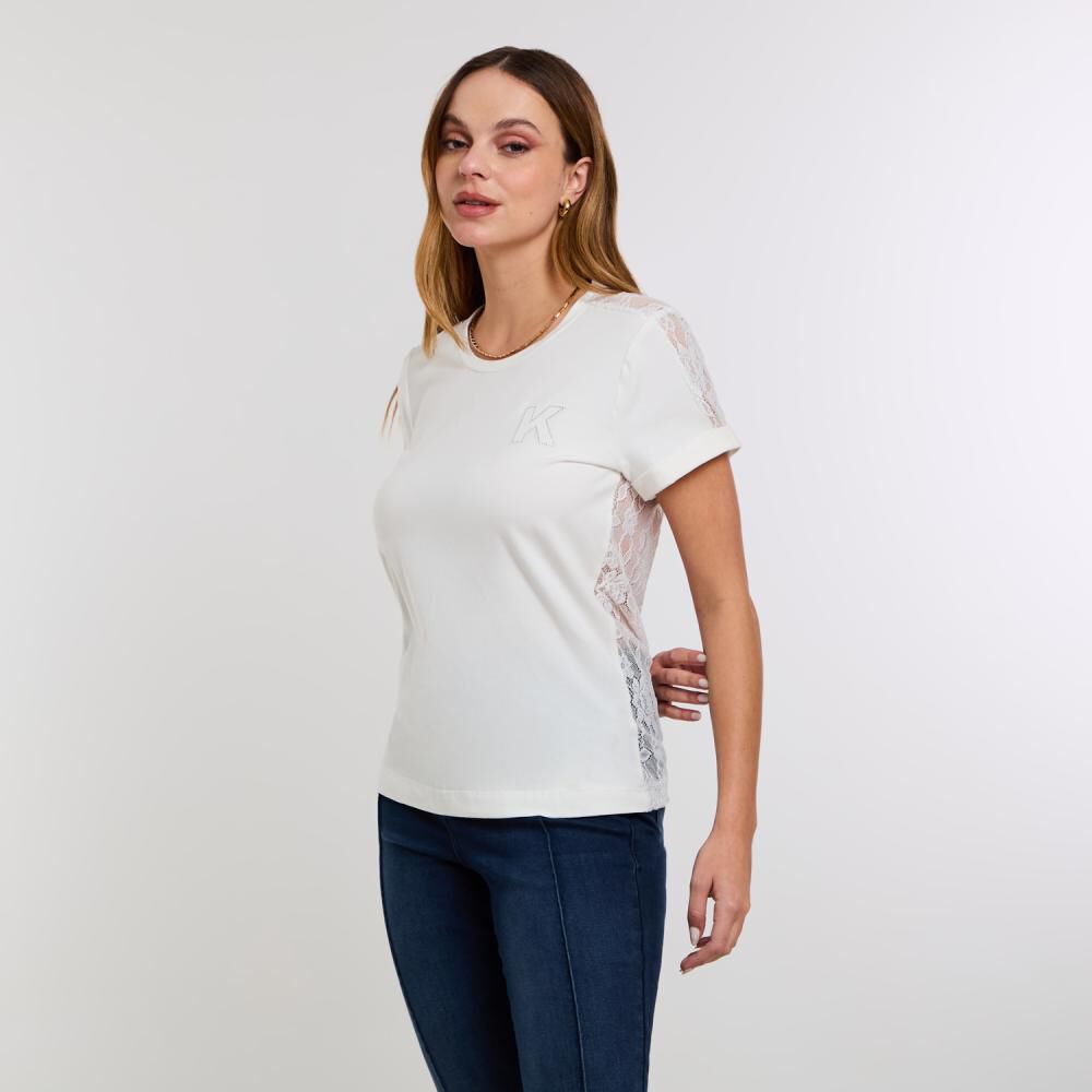 Polera Lisa Aplicación Lace Manga Corta Cuello Redondo Mujer Kimera image number 2.0