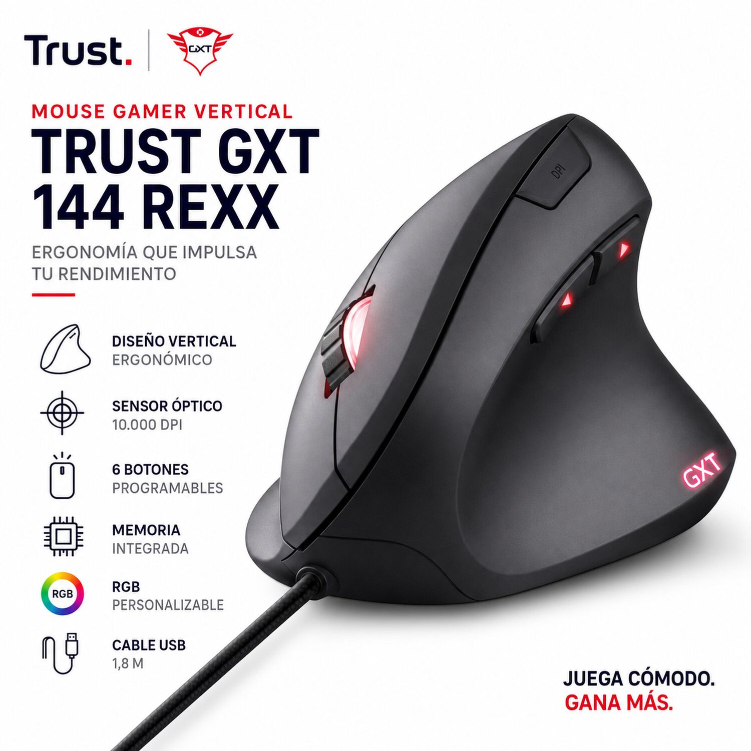 Mouse Gamer Vertical Trust Gxt 144 Rexx 10000 Dpi Ergonomico image number 9.0