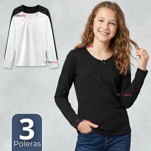 Pack 3 Camisetas Poleras Algod&oacute;n Cuello Redondo Primera Capa Manga Larga Colores Surtidos Ni&ntilde;a