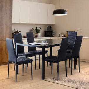 Comedor Mesa Vidrio 80x75x150 6 Sillas Pu Negro