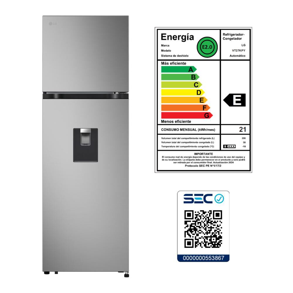 Refrigerador Top Freezer LG VT27KPY.APYPECL / No Frost / 264 Litros / E image number 3.0